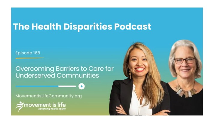 Health disparities podcast graphic with host and guest