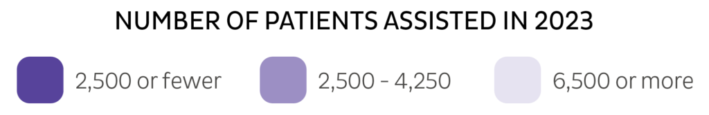 Map legend showing number of patients assisted in 2023