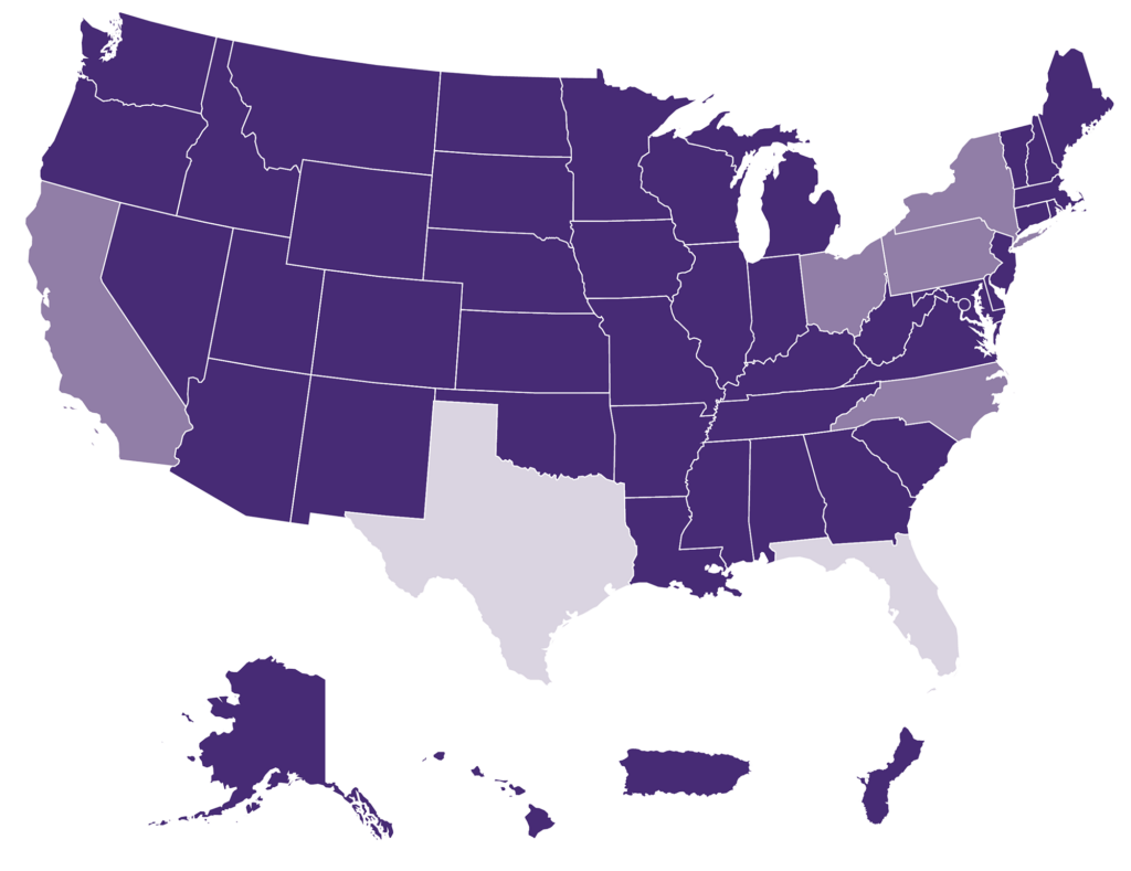 Map of United States and territories with states shaded in three tones