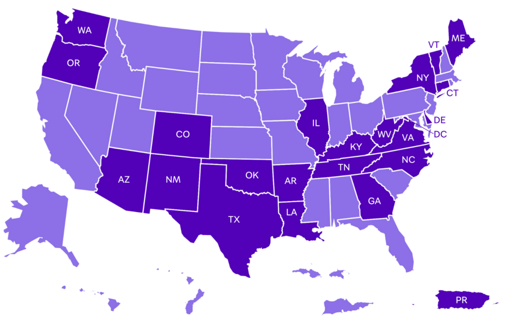 Map of the US illustrating the list of states and territories where copay bans have passed