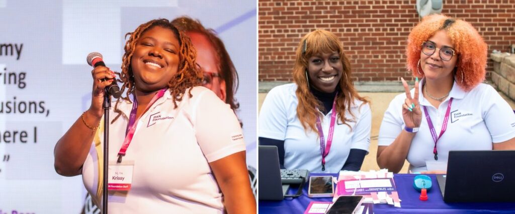 Two images: PAN employee talking into a microphone and two PAN staff or volunteers working at the entry booth